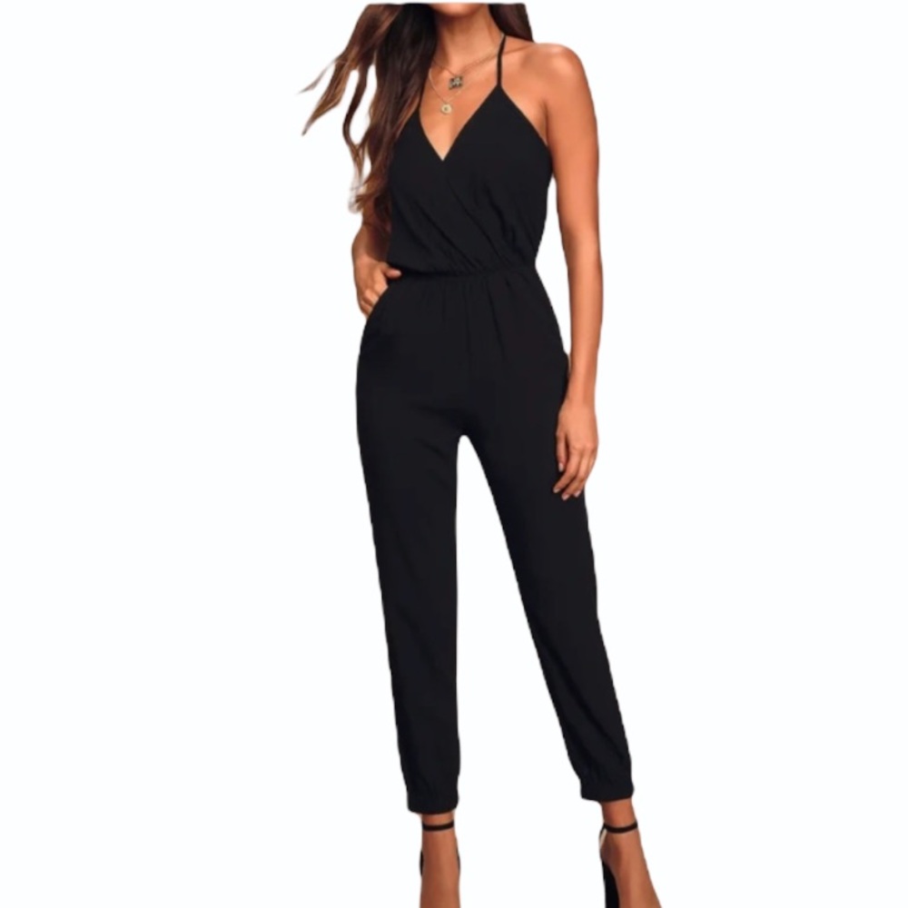 Lulus Learning to Fly Black Halter Jumpsuit Small